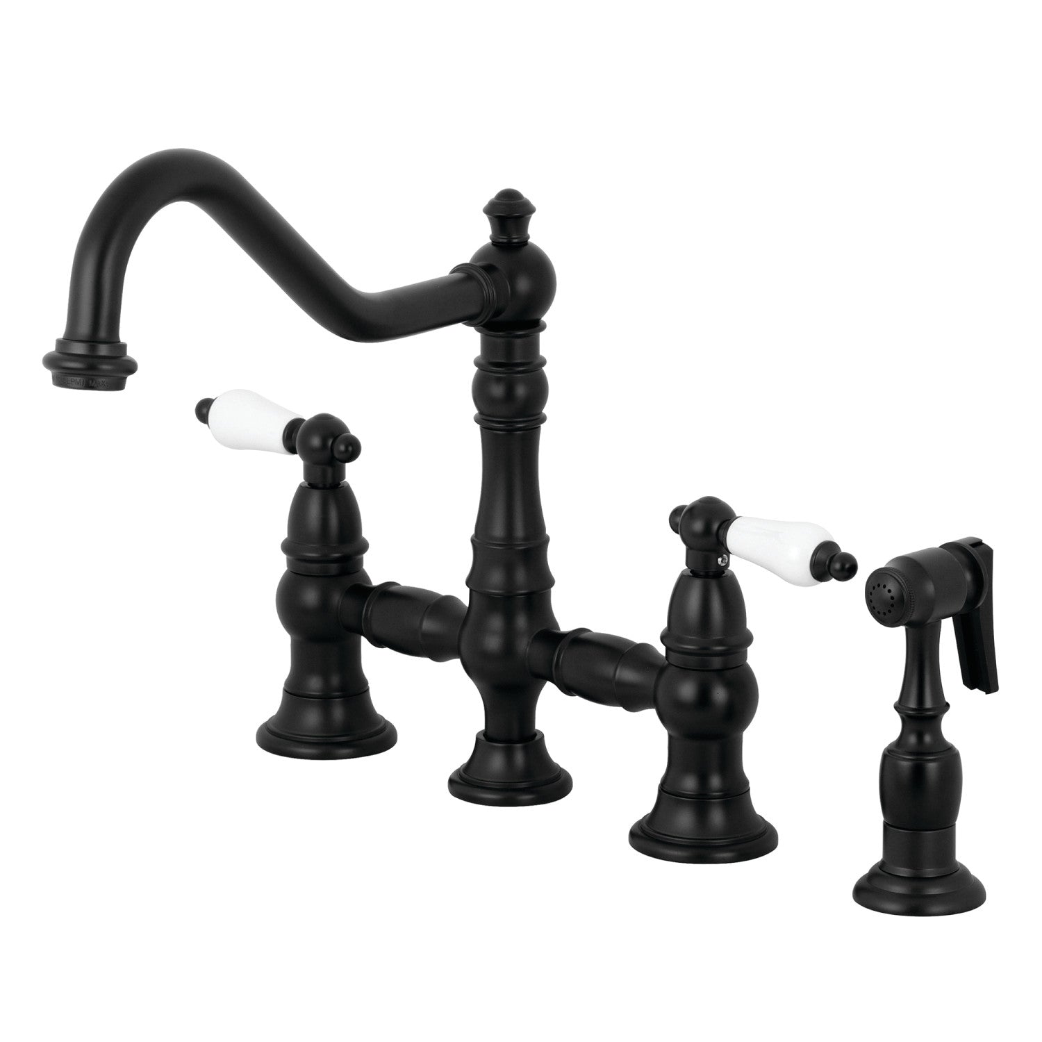 Kingston Heirloom KS3270PLBS - Restoration Two-Handle 4-Hole Deck Mount Bridge Kitchen Faucet with Brass Sprayer, Matte Black — image 1